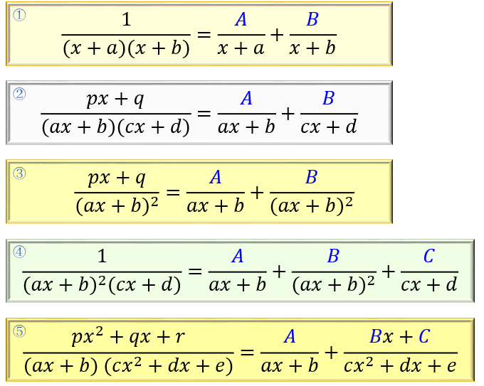 部分分数分解のやり方と公式。5パターンの問題から分かる変形のコツ